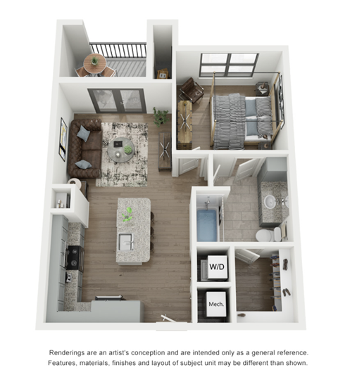 Floor plan for 1 bed, 1 bath, 682 sqft